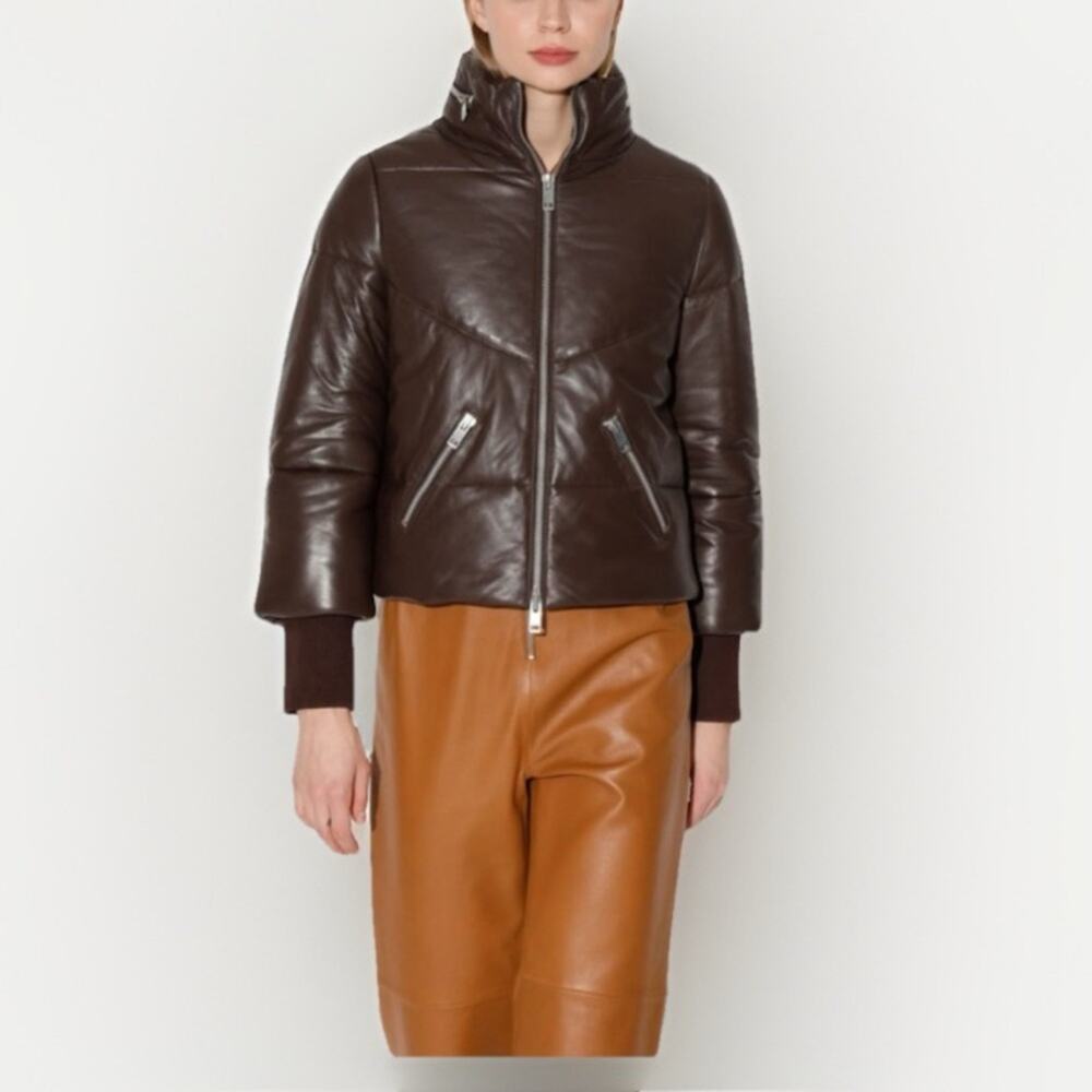 Walter Baker Edwina Lamb Leather Puffer Jacket Small Brown Zip Mock Neck Coat